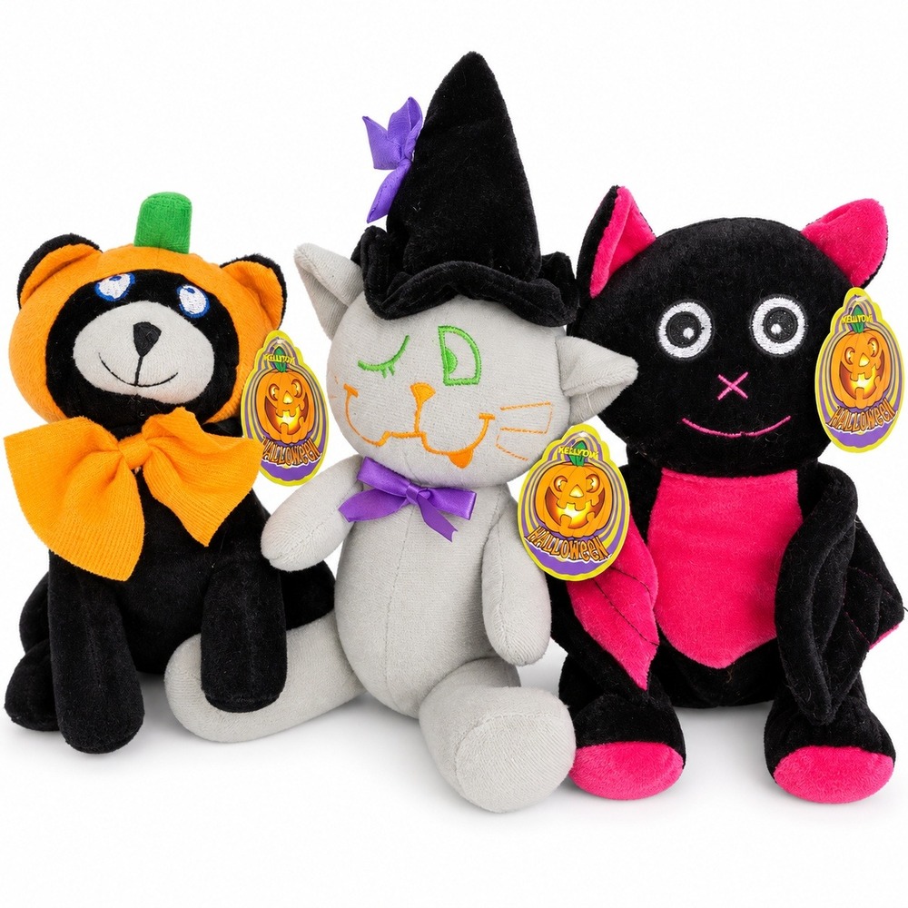 Kellytoy Halloween Plush Lot of 3 Cat Witch Bat Pumpkin Spooky Goth Tagged